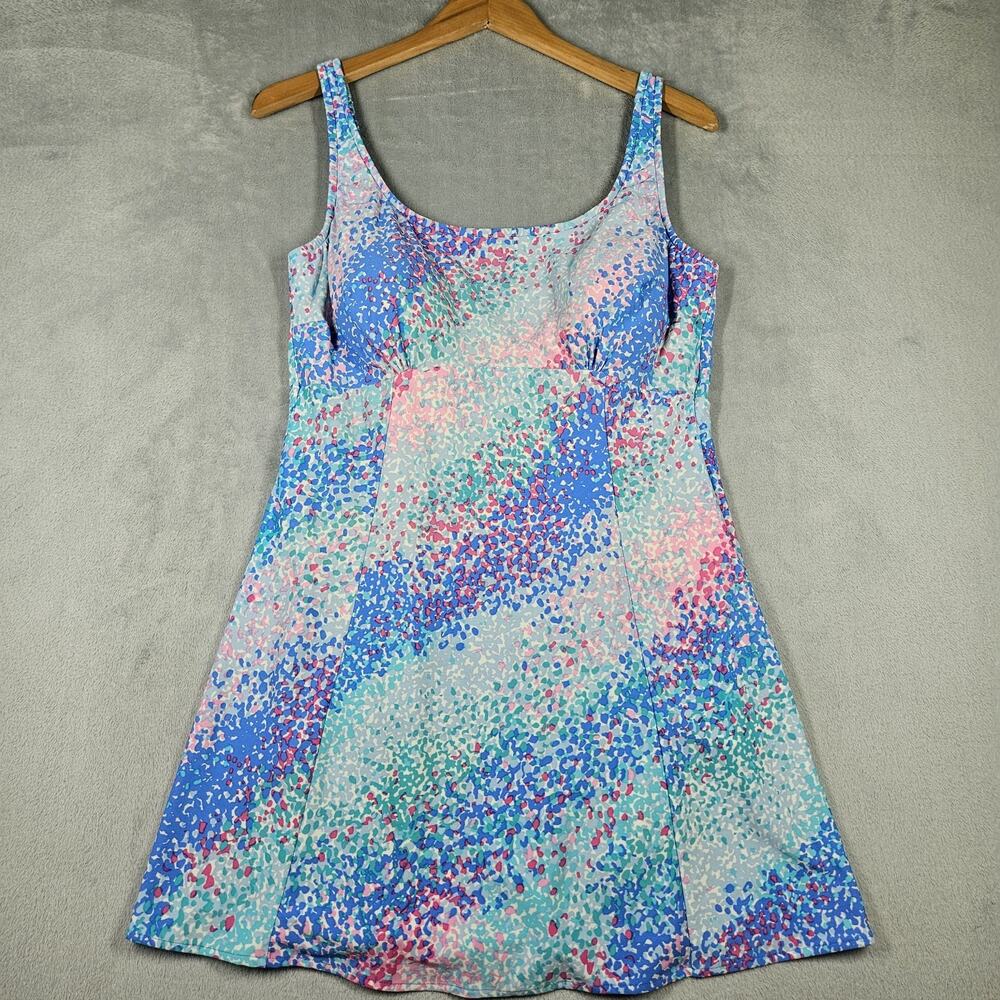 Vintage Sea Waves Swim Dress Womens Size 18 Multicolor Pink Blue Preppy Beach